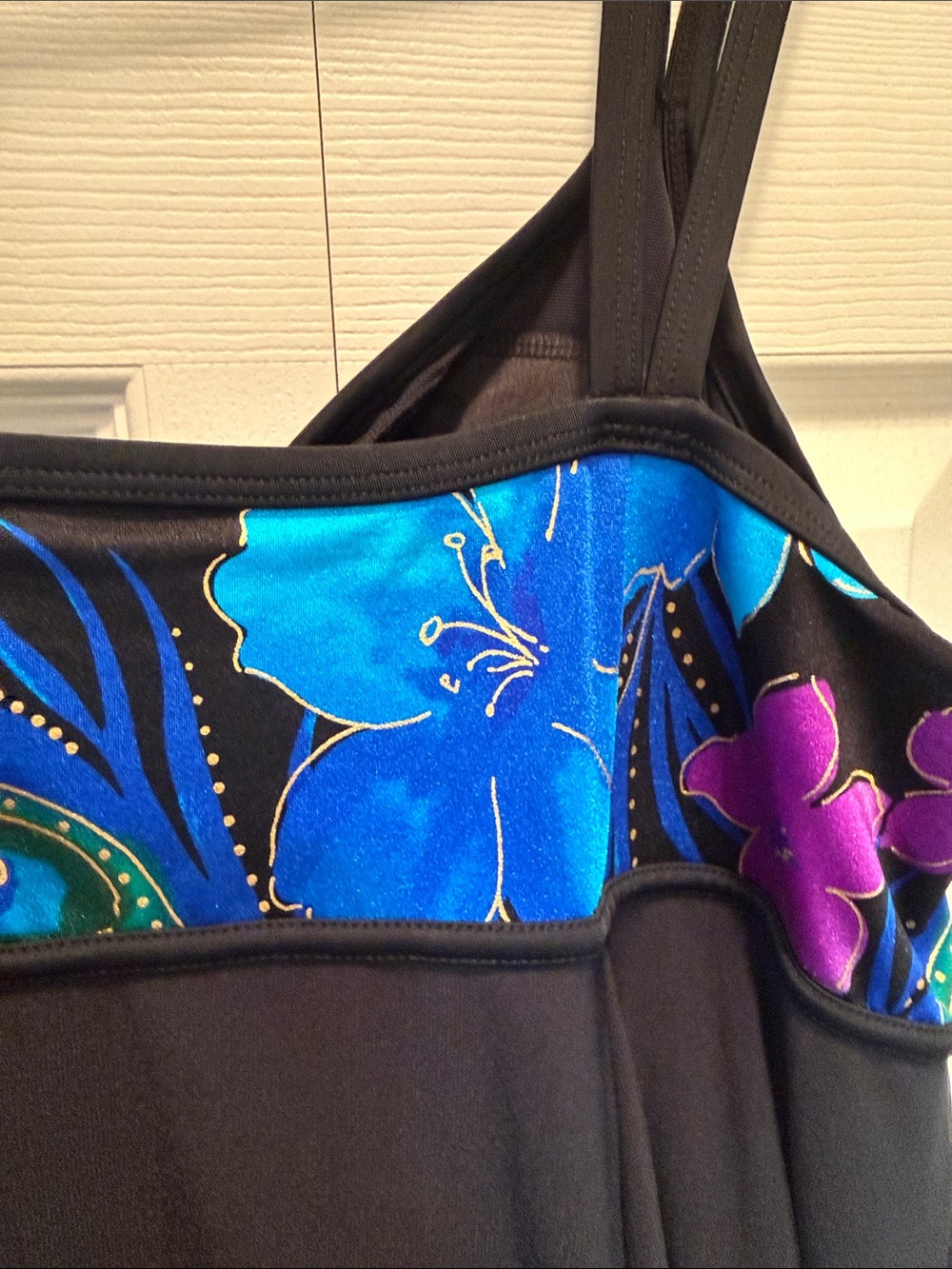Longitude Black One-Piece Swimdress with Blue & Purple Floral Bodice - Picture 8 of 8